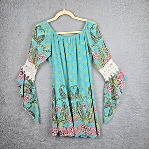 Boho Dress Womens M Turquoise Pink Lace Flutter Sleeves Lined